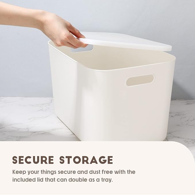 Tuanse 8 Pieces White Plastic Storage Bins with Lids, Stackable Storage baskets with Handle Containers Box for Shelves Drawers Desktop Playroom Classroom Office Organization(14 x 10.5 x 9.6 Inches)