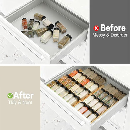 Bamboo Spice Drawer Organizer, (Need 3.1” Deep Drawer) Expandable 4 Tier Spice Rack for Cabinet (From 12" to 23" Wide), Seasoning Storage Insert, Spice Organizer for Drawer,Jars Not Included
