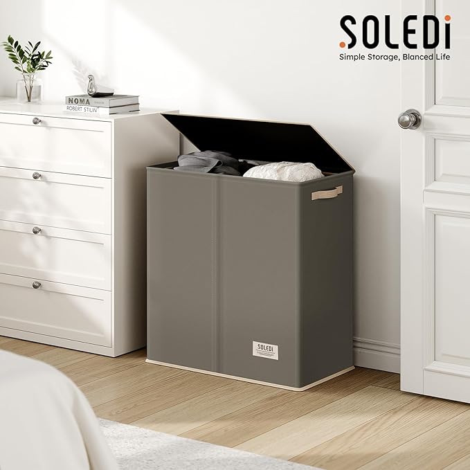 SOLEDI Large Double Laundry Hamper with Lid, Collapsible Clothes Hamper 2 section with Removable Bags, Space-Saving Laundry Basket for Bedroom, Dorm, College