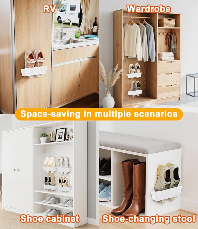 Wall Mounted Shoe Rack, Adhesive & Drill Mount Hanging Shoe Organizer, Plastic Shoe Storage for RV, Camper, Closet & Door, Patent Protected, Patent Protected, White-6Pack