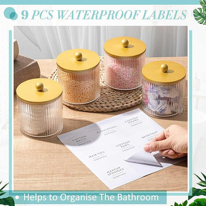 Yaomiao 6 Pcs Ribbed Bathroom Canisters Apothecary Jars with Golden Bamboo Lids and Label Stickers, 18 oz Plastic Canister with Fluted Design for Cotton Ball, Swab, Floss Picks House Storage