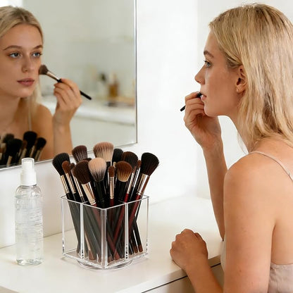 Acrylic Makeup Brush Holder, Clear Rotating Makeup Brush Holder Organizer with 4 Slots, Square Makeup Brush Cup for Vanity Desk Countertop Bathroom