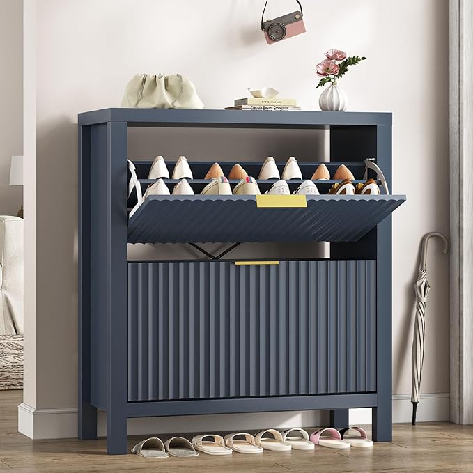 YOMILUVE Shoe Cabinet Storage for Entryway, Fluted Shoe Cabinet with 2 Flip Drawers, Hidden Shoe Rack Tall Freestanding Shoe Organizer with Legs for Hallway, Blue