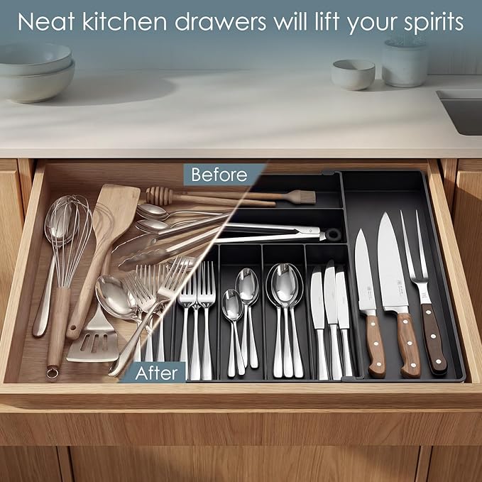 Extra Large Silverware Organizer, 9 Slot Expandable Kitchen Drawer Organizer, Utensil Holder, Heavy Duty Stainless Steel Frame Silverware Drawer Organizer, 8 Non-Slip Feet Included, BPA Free, Black