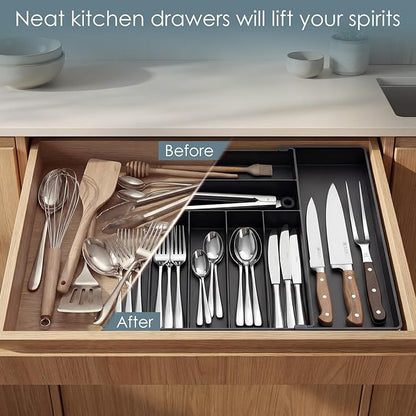 Extra Large Silverware Organizer, 9 Slot Expandable Kitchen Drawer Organizer, Utensil Holder, Heavy Duty Stainless Steel Frame Silverware Drawer Organizer, 8 Non-Slip Feet Included, BPA Free, Black
