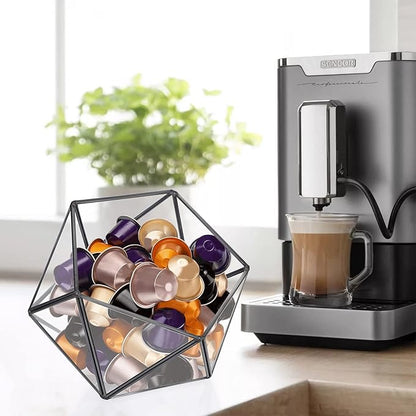 ELLDOO Black Glass Coffee Pods Holder, 15 Sided Geometric Box Coffee Pod Organizer for K Cup Espresso, Tea Bags Sugar Packets Storage Holder for Kitchen Coffee Bar Office Counter