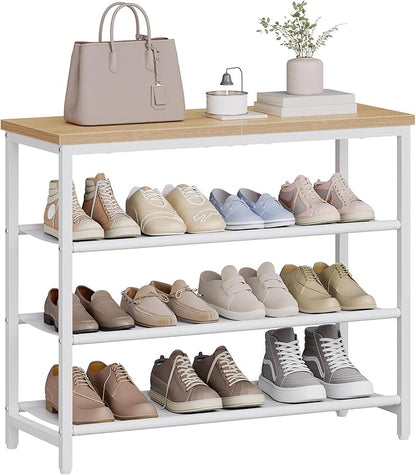 HOOBRO Shoe Rack with 3 PU Shelves, 4-Tier Shoe Storage Organizer for Closet and Entryway, Holds 9-12 Pairs of Shoes, Sturdy Metal Frame, Small Spaces, White and Natural WN94XJ01