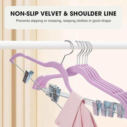 24-Pack Purple Velvet Hangers with Clips Adjustable,Adult Hangers,Heavy-Duty,Felt,Non-Slip,Space Saving,Slim Outfit Hanger for Pants, Skirts, Suits,Coats, Dresses ect.