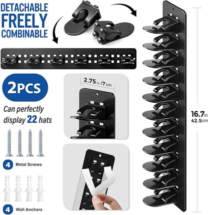 2 Pack Hat Hook Organizer for Baseball Caps, Hat Hanger Holder for 20 Caps, Wall Hat Rack with Strong Adhesive, Multilayer Cap Storage Hooks for Closet Door and Bedroom (Style C-Black)