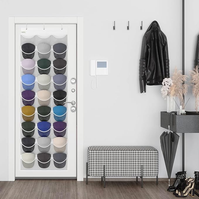 Baseball Hat Rack, 27 Pocket Over-The-Door Hat Organizer with Clear Deep Pockets to Display Baseball Caps Collection, Complete with 3 Over Door Hooks (White, 27 Pockets)
