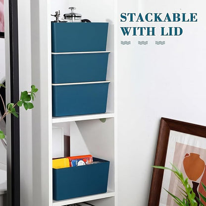 Menkxi 4 Pcs Storage Bins with Lids Plastic Stackable Containers for Organizing Shelves Christmas Ornament Box Baskets(Blue,Large)