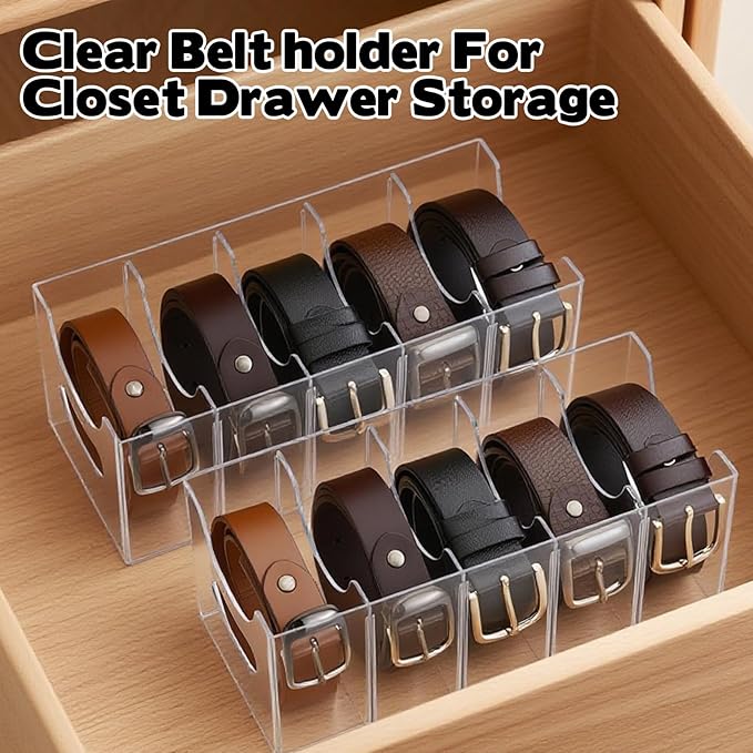 3 Pack Acrylic Belt Organizer Clear Stackable Belt Storage Holder Purse Organizer for Closet - 5 Compartments with Removable Dividers,Display Case Pantry Cabinet Organizers for Ties,Socks,Underwear