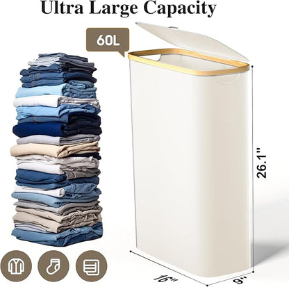 Foluck Slim Laundry Hamper, 60L Waterproof Narrow Laundry Basket with Lid and Removable Bag, Collapsible Tall Clothes Hamper with Bamboo Handles for Clothes Toys in Dorm Bedroom Bathroom, Beige