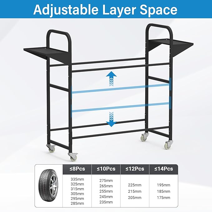 Tire Storage Rack 57" x 55.1" x 20" w/Anti-dust Cover, Adjustable Rolling Tire Rack for Garage Black w/4 Swivel Casters & 2 Storage Shelf for Garage Storage