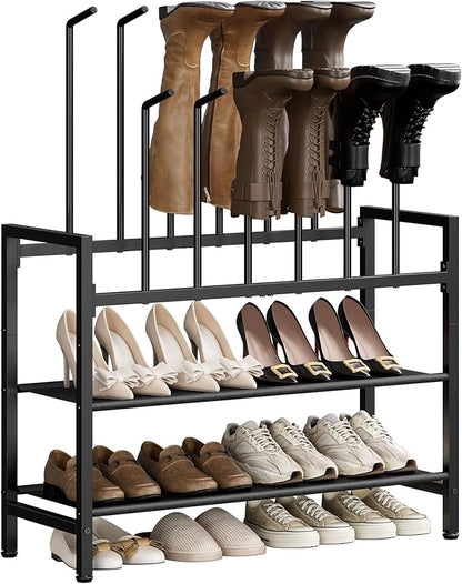Free Standing Shoe Racks, 4-Tier Boot Rack Organizer for Tall Boots, Sneakers, High-Heel, Black Metal Shoe Storage for Dorm Room, Closet, Entryway, Hallway, Black, Holds 6 Pairs