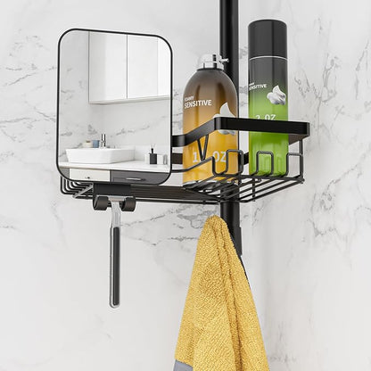 DAOYA Shower Caddy Tension Pole with Anti-Fog Shaving Mirror, Tension Rod Shower Caddy Corner for Bathroom Organizer, Black