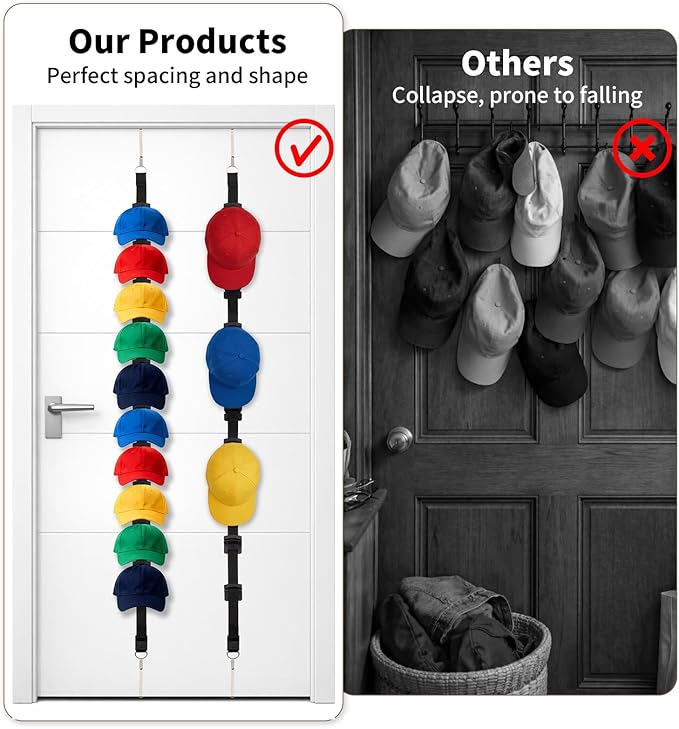 Hat Rack for Door,Two-Way Hanging Caps with 20 Display Hooks and Hanger, Hat Organizer for Baseball Caps, Over the Door Hat Storage Organizer for Bedroom, Closet,Entrance or Garage Doors,(Black)