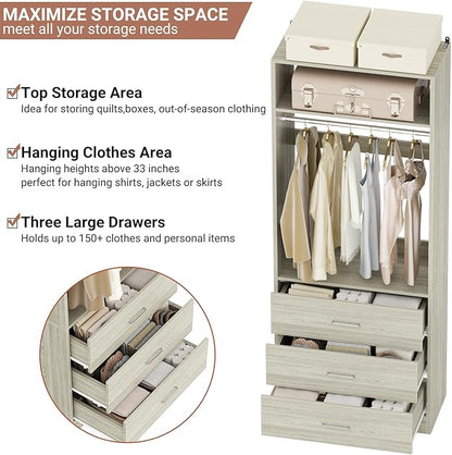 Besiost Freestanding 2FT Closet System with 3 Wood Drawers, 24" Closet Organizer System with Hanging Rod & Shelves, Walk-in Closet Systems for Small Closet, White Oak (24"L*15"W*80"H)