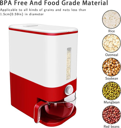 Lenwi 22-25 Lbs Rice Dispenser, Large Cereal Dry Food Storage Containers with Measuring Cup, BPA-Free Household for Kitchen Pantry Organization-Red