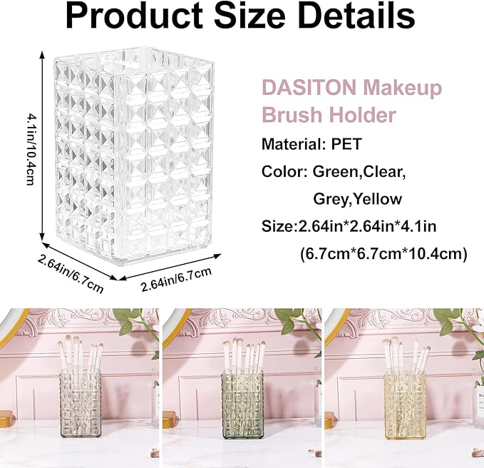 DASITON Makeup Brush Holder Organizer, Acrylic Makeup Brush Cup, Diamond Striped Make Up Brush Holder for Vanity, Bathroom Countertop, Toothbrush Holders, Pen Holder for Desk Storage (Clear)