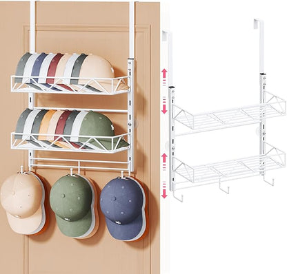 SWTYMIKI Over Door Hat Organizer - 3 Tier Wall Mounted Hat Rack with 2 Adjustable Metal Basket and 3 Hooks, Hanging Baseball Cap Organizer Storage Holds up to 29 Caps for Door, Bedroom, Closet