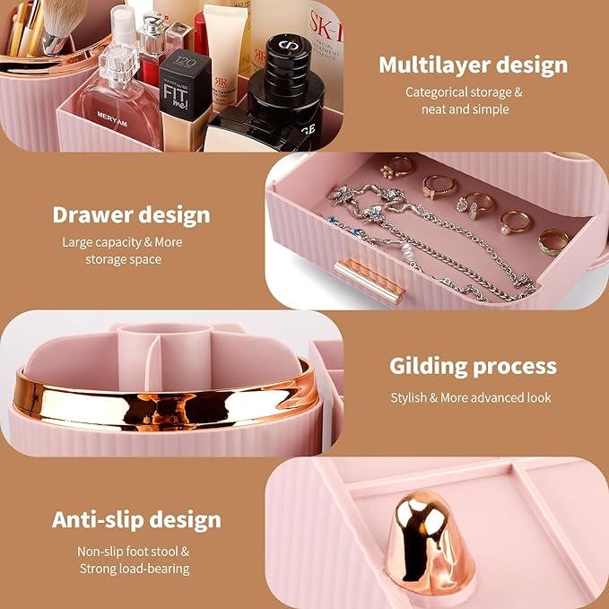 Molutsody Makeup Organizer for Vanity, Cosmetic Display Case with Drawers, Fits Makeup, Skincare Products, Brushes, Lipsticks, and Other Accessories, Versatile Storage Solution (Pink)