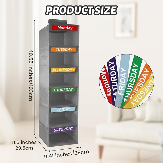 6-Shelf Weekly Clothes Organizer for Kids, Hanging Closet Organizer for Kids & Adults, Collapsible Hanging Closet Shelves, Monday-Saturday Days of The Week Clothes Shelves with 6 Side Pockets (Grey)