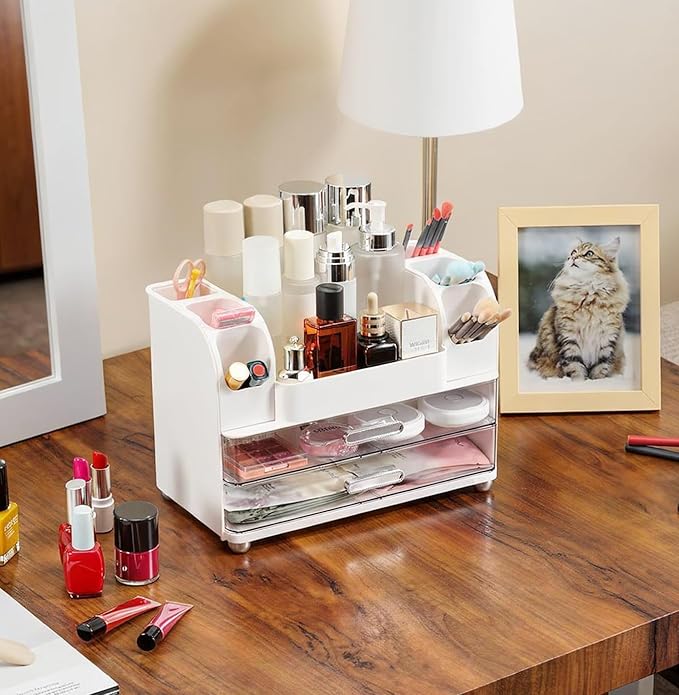 Large Makeup Organizer Countertop with Drawers, Make Up Organizer for Vanity, Makeup Storage Organizer Countertop Makeup Organizers for Skincare, White