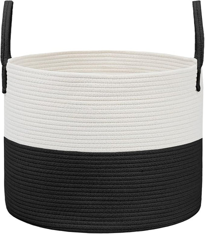 JMvicyroam 115L Extra Large Blanket Basket for Living Room - Woven Cotton Rope Laundry Hamper with Reinforced Handles - Storage Bin for Pillows, Comforters & Toys - Machine Washable,White&Black