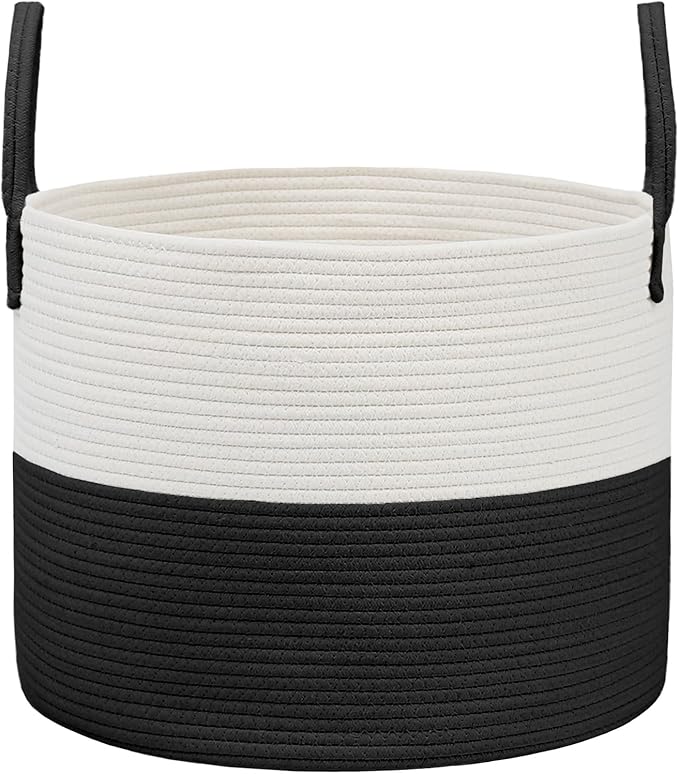 JMvicyroam 65L Extra Large Blanket Basket for Living Room - Woven Cotton Rope Laundry Hamper with Reinforced Handles - Storage Bin for Pillows, Comforters & Toys - Machine Washable,White&Black