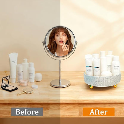 Makeup Perfume Organizer, 360 Degree Rotating Lazy Susan Cosmetic Tray, Large Capacity Rhinestone Bling Bathroom Skincare Lotion Holder Case for Vanity, Dresser, Desktop