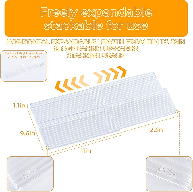 UFORU Acrylic Spice Drawer Organizer 4 Tier(4 Packs), Expandable from 11" to 22" Seasoning Organizer Tray for Kitchen - Clear Tiered Spice Rack for Drawer, No Assembly Required(Jars Not Included)