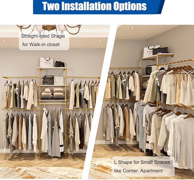 KaKaBB Heavy Duty Gold Pipe Clothing Rack - Wall Mounted Industrial Clothes Rack, DIY Corner Closet System with Shelves, Adjustable Walk-in Closet Organizer (GOLD, 94.5")