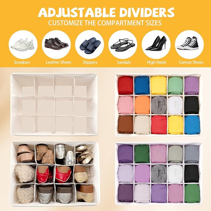 VZZNN 4 Pack Shoe Organizer for Closet - with Transparent Cover and Sturdy Handles shoe storage - Foldable Shoe Storage Containers Fits to 36-48 Pairs 4 Pack (Beige)