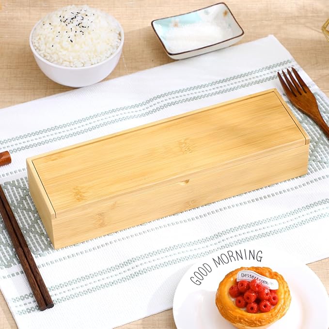 Cabilock Wooden Cutlery Box with Lid, Kitchen Chopsticks Box Utensils Drawer Organizer Bamboo Storage Case Countertop Silverware Container for Tableware