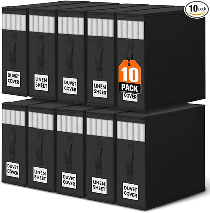 WOWBOX Sheet Organizers and Storage,Closet Bed Sheet Organizer Under Bed Storage and Organization with Label Cards & Clear Window for Bedding Sheets,Duvet Covers,Blankets (10 Pack，Black)