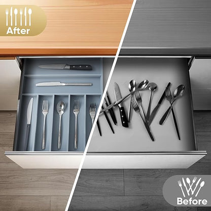 Silverware Organizer, 12.5 Inch Utensil Organizer Kitchen Drawer Organizer Bamboo Silverware Holder Cutlery Tray Organizer in Drawer Flatware Organizer Tray(7 slots, Gray