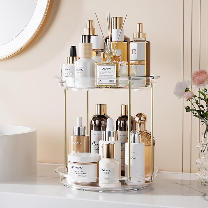 Delamu Rotating Makeup Organizer for Vanity, 2 Tier Bathroom Counter Organizer with Stackable Design, Spinning Skincare Organizer for Bathroom Countertop, Perfume Cosmetic Storage, Clear