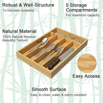 Youpehom Bamboo Utensil Organizer for Kitchen Drawers, Utensil Tray and Cutlery Silverware Holder,Wood Drawer Dividers with 5 Slots