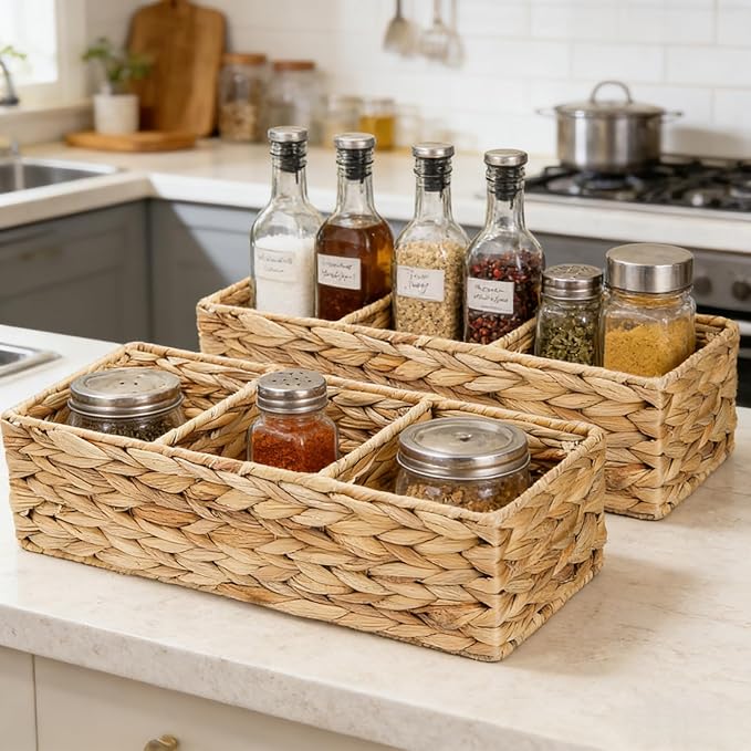 Pumtus 2 Pack 3-Section Woven Baskets, Water Hyacinth Storage Bin, Handwoven Desk Organizer, Toilet Paper Container, Rectangle Holder for Counter Top Toilet Tank Shelves Coffee Bar Pantry