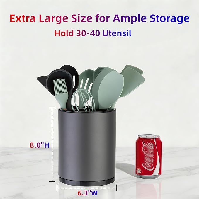 LIBODOUR Kitchen Utensil Holder Extra Large 360°Rotating For Counter Organizer Stainless Steel Storage Cooking Silverware Caddy 3 Compartment Flatware Spoon Spatula Tool Cutlery Container(Grey)
