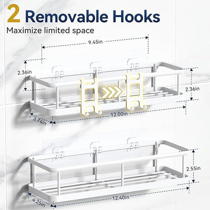 YASONIC Shower Caddy Adhesive, No Drill Bathroom Shower Organizers, with Removable Hooks, Rust Proof Shower Shelves, Wall-Mounted Shower Holder, White, 2 Pack