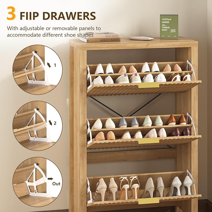 YOMILUVE Shoe Cabinet Storage for Entryway, Fluted Shoe Cabinet with 3 Flip Drawers, Hidden Shoe Rack Tall Freestanding Shoe Organizer with Legs for Hallway, Oak