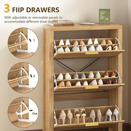 YOMILUVE Shoe Cabinet Storage for Entryway, Fluted Shoe Cabinet with 3 Flip Drawers, Hidden Shoe Rack Tall Freestanding Shoe Organizer with Legs for Hallway, Oak