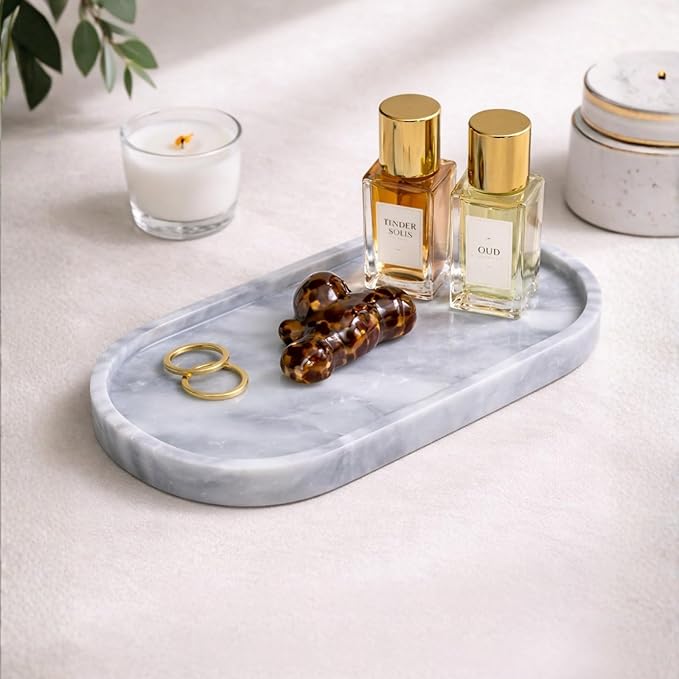 Carrara Gray Marble Oval Bathroom Vanity Tray – 12”x6” Gray Marble Tray for Countertop, Perfume & Jewelry Display | Solid 2cm Thick Stone Tray
