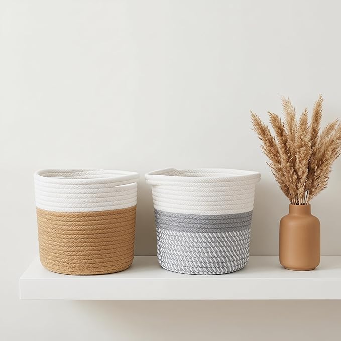 GLEAVI 2 Pack Woven Plant Baskets Indoor for 7 Inch Pots, Cotton Rope Planter Basket Set with Dual Tone Design, 7.9" Decorative Storage Bin Cover for Home Decor Organization