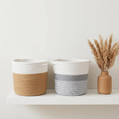 GLEAVI 2 Pack Woven Plant Baskets Indoor for 7 Inch Pots, Cotton Rope Planter Basket Set with Dual Tone Design, 7.9" Decorative Storage Bin Cover for Home Decor Organization