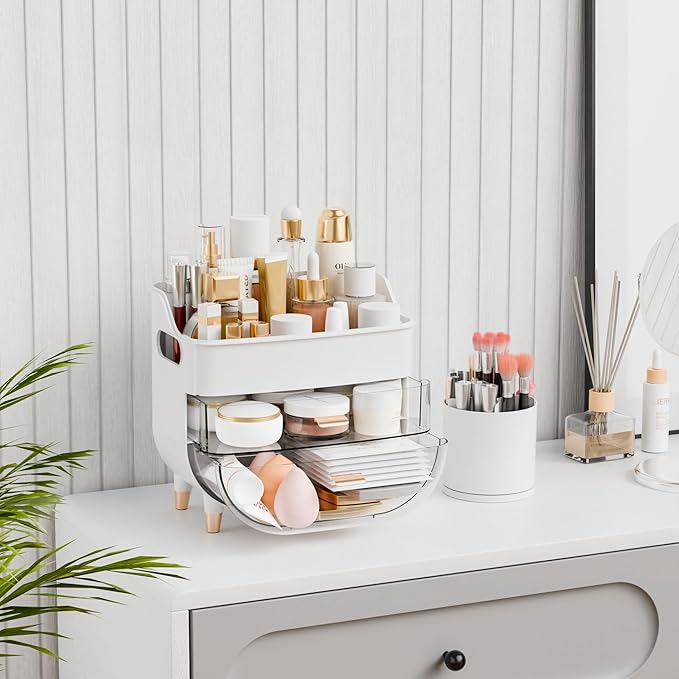 Yieach White Make up Organizers for Counter,Vanity and Dresser,Bathroom Makeup Organizer Countertop,Large Makeup Storage Organizer for Hair Tool,Beauty Products,Skin Care and Cosmetic Display Cases