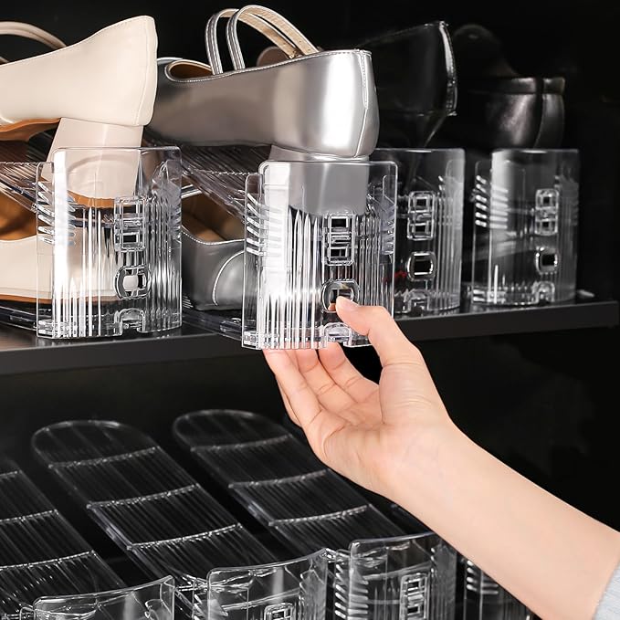 Shoe Slots Organizer 20 Pack - Shoe Stackers, 3 Levels Adjustable, Space Savers 50%, Double Layer Holders for Closet (Transparent), Organizador de Zapatos