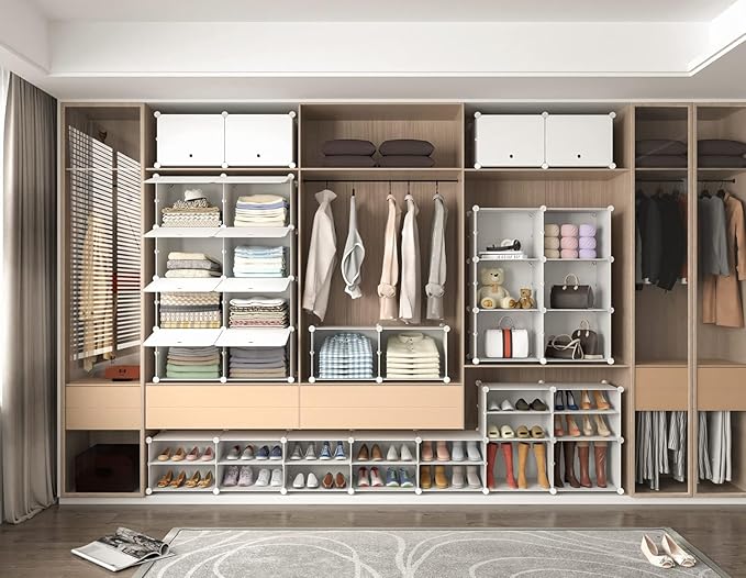 Simple Deluxe 8-Tier Shoe Rack Organizer with Doors, Stackable Shoe Storage Cabinet for Entryway Closet, Plastic Shoe Shelf with Metal Frame, Holds up to 32 Pairs for Bedroom Hallway, White